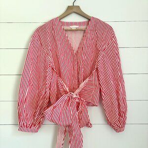 H&M red and white striped long sleeve button down top with tie in front sz 6